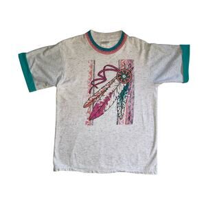 Vintage 80s 90s Hazelwoods Southwest Feather Dreamcatcher Ringer T-shirt